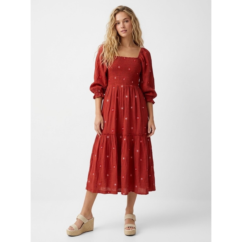 VICI Cottagecore Boho Rust Embroidered Smocked Puff Sleeve Midi Dress Small